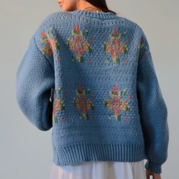 Bailey Rose Antique Floral Button Down Thick Knit Cardigan Sweater Shabby Chic S - Picture 2 of 11